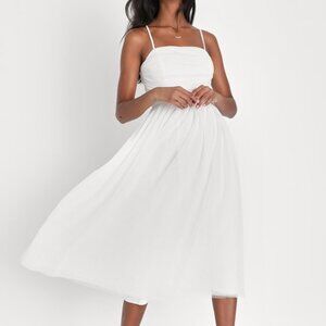 Lulus Darling Sweetheart White Swiss Dot Ruched Midi Dress - Size XL